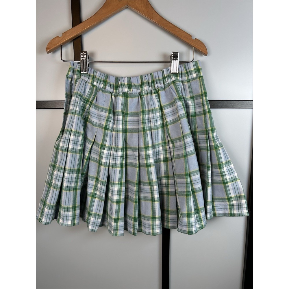 AERIE BLUE PLAID SKIRT Small PLEATED PLEATS TWILL ELASTIC WAIST GREEN WHITE - Picture 2 of 6